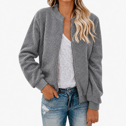Women’s Fleece Bomber Jacket with Zip and Stand-Up Collar