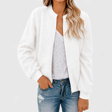 Women’s Fleece Bomber Jacket with Zip and Stand-Up Collar