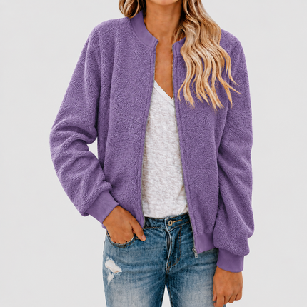 Women’s Fleece Bomber Jacket with Zip and Stand-Up Collar