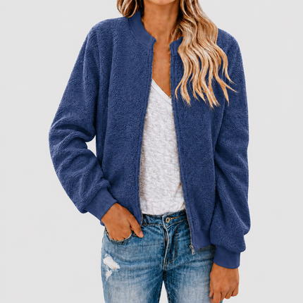 Women’s Fleece Bomber Jacket with Zip and Stand-Up Collar
