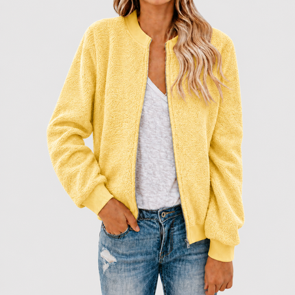 Women’s Fleece Bomber Jacket with Zip and Stand-Up Collar