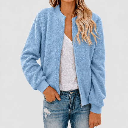 Women’s Fleece Bomber Jacket with Zip and Stand-Up Collar