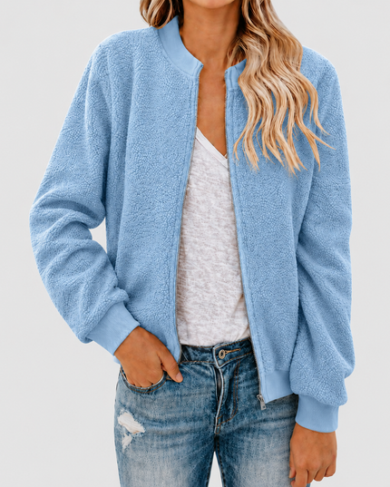 Women’s Fleece Bomber Jacket with Zip and Stand-Up Collar