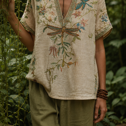 Yseult | Boho Blouse – Dragonfly Embroidered V-Neck Style
