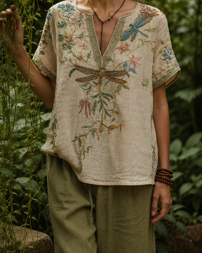 Yseult | Boho Blouse – Dragonfly Embroidered V-Neck Style