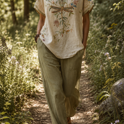 Yseult | Boho Blouse – Dragonfly Embroidered V-Neck Style