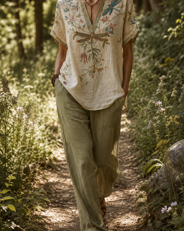 Yseult | Boho Blouse – Dragonfly Embroidered V-Neck Style