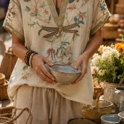 Yseult | Boho Blouse – Dragonfly Embroidered V-Neck Style