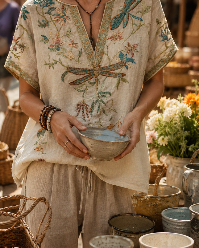 Yseult | Boho Blouse – Dragonfly Embroidered V-Neck Style