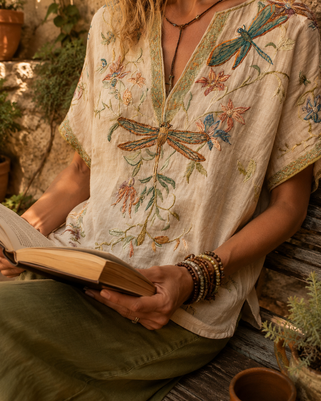 Yseult | Boho Blouse – Dragonfly Embroidered V-Neck Style
