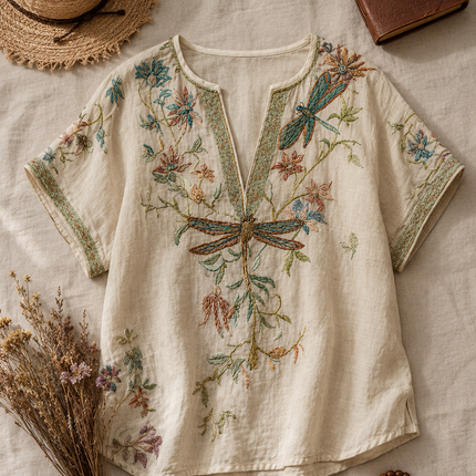 Yseult | Boho Blouse – Dragonfly Embroidered V-Neck Style