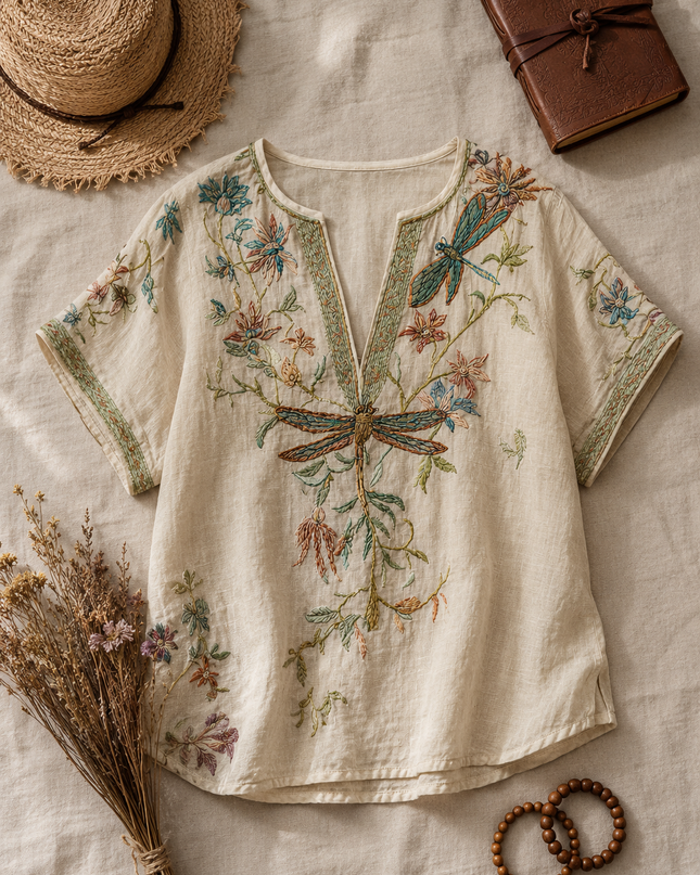 Yseult | Boho Blouse – Dragonfly Embroidered V-Neck Style