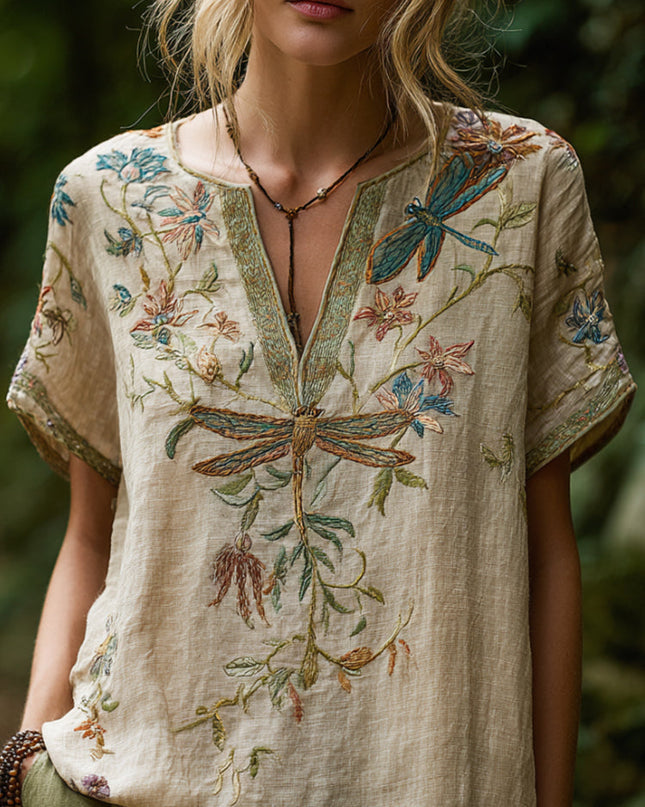 Yseult | Boho Blouse – Dragonfly Embroidered V-Neck Style