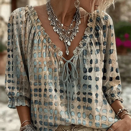 Zephyra | Boho Blouse – Lace-Up V-Neck & Ruffle Style