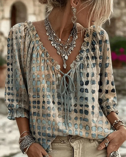 Zephyra | Boho Blouse – Lace-Up V-Neck & Ruffle Style