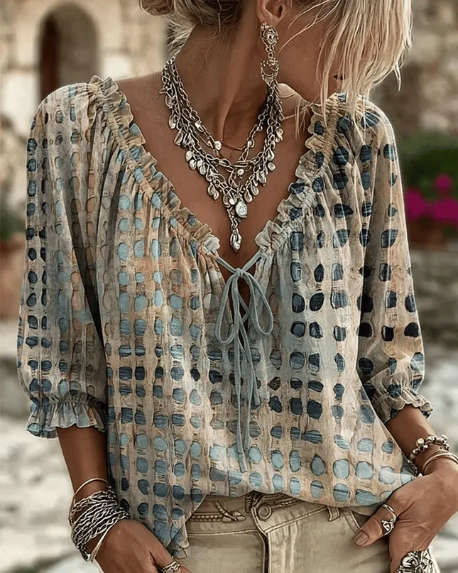 Zephyra | Boho Blouse – Lace-Up V-Neck & Ruffle Style