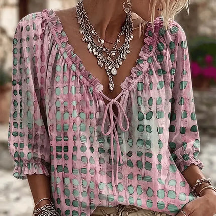 Zephyra | Boho Blouse – Lace-Up V-Neck & Ruffle Style