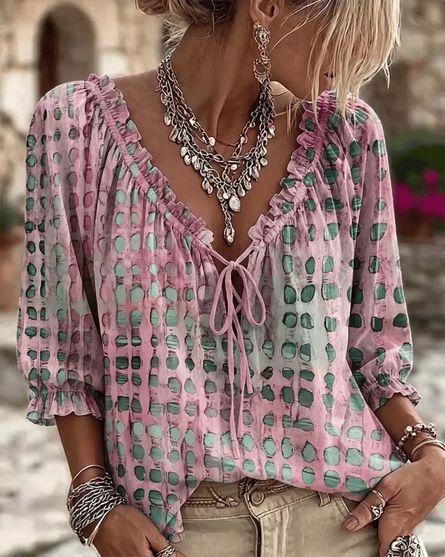 Zephyra | Boho Blouse – Lace-Up V-Neck & Ruffle Style