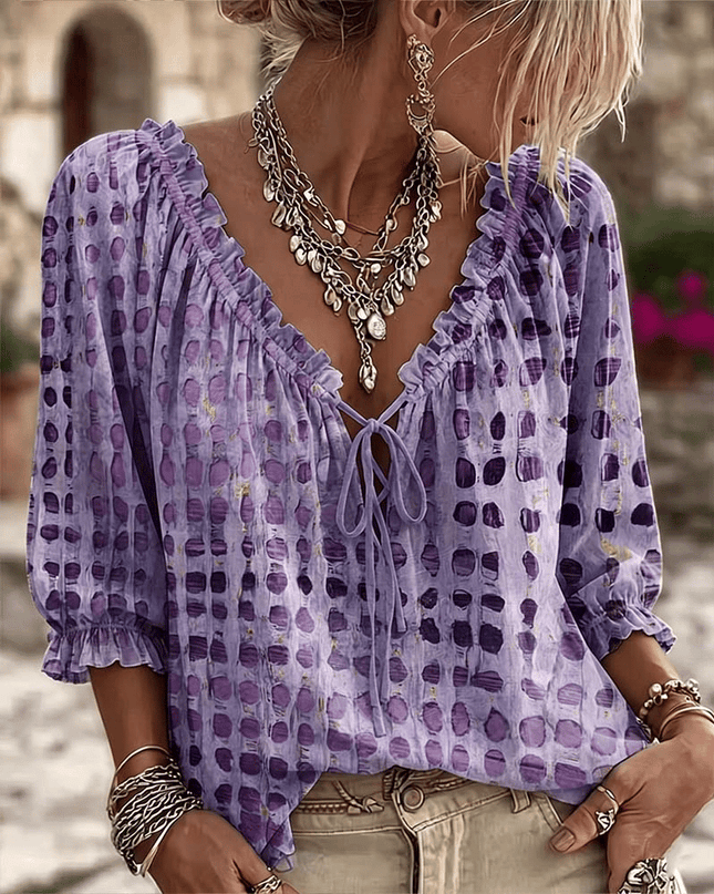 Zephyra | Boho Blouse – Lace-Up V-Neck & Ruffle Style