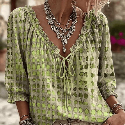 Zephyra | Boho Blouse – Lace-Up V-Neck & Ruffle Style