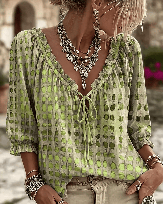 Zephyra | Boho Blouse – Lace-Up V-Neck & Ruffle Style