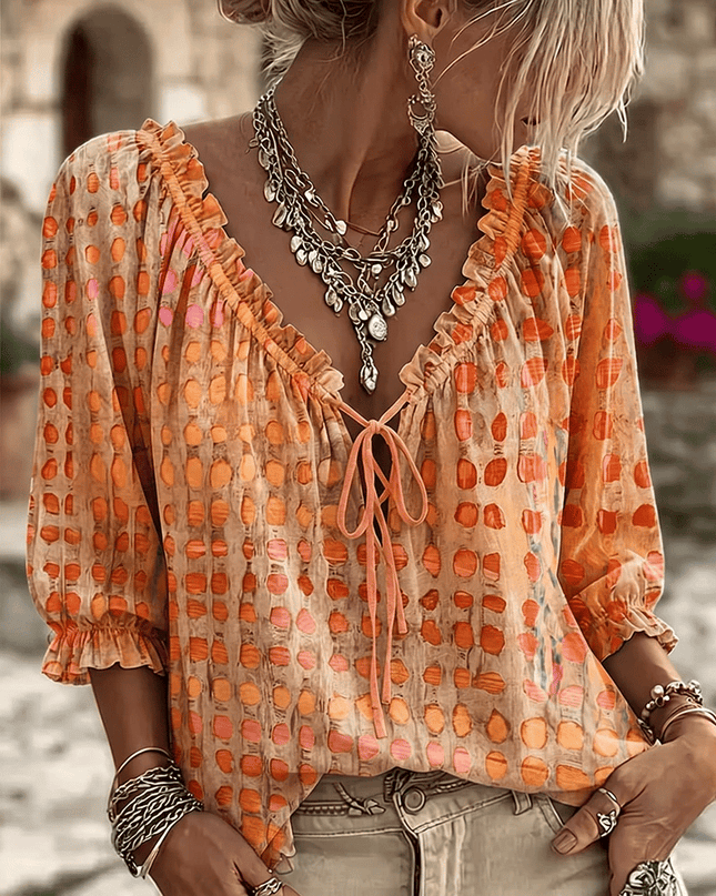 Zephyra | Boho Blouse – Lace-Up V-Neck & Ruffle Style